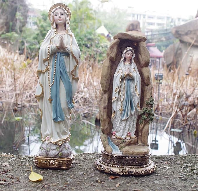 MeritMode Virgin Mary Collectible Figurines - Our Lady of Lourdes in Grotto Design, Handcrafted Resin Religious Gifts Decor for All Faiths, 12.5" H