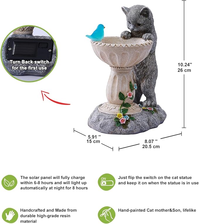 Nacome Solar Cat Birdbath Garden Decor: Outdoor Statues Ornaments for Outside Decoratios Yard Art Lawn Porch Patio Balcony - Birthday Gifts Choice for Mom Grandma Women Lover