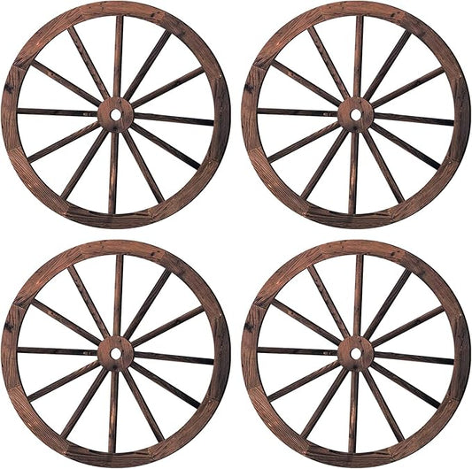 Qunclay 4 Pcs Wooden Wagon Wheel Wall Decor Old Western Wood Boho Wall Art Farmhouse Boho Wagon Wheels Rustic Yard Decor Wood Hanging Decorations for Garden Home Bar Garage (10 Inch)