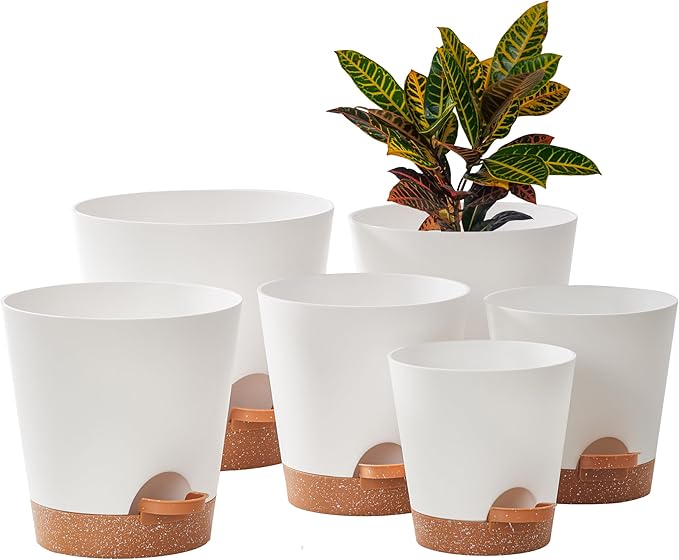 FaithLand 6-Pack White Self Watering Planter Pots for Indoor Outdoor Plants - 8, 7, 6.5, 6, 5.5, 5 Inches Flower Pots