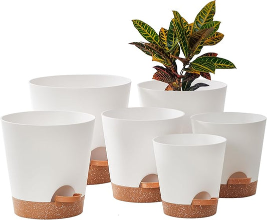 FaithLand 6-Pack White Self Watering Planter Pots for Indoor Outdoor Plants - 8, 7, 6.5, 6, 5.5, 5 Inches Flower Pots