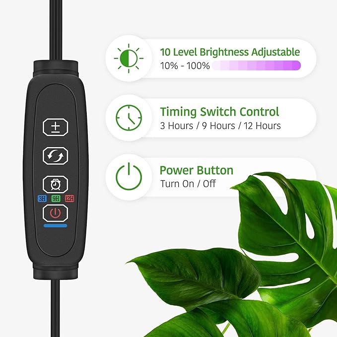 Clip Grow Light for Indoor Plants, Red Blue Spectrum Plant Growing Lamp with 3 Switch Modes,10-Level Dimmable,Auto ON & Off,3/9/12H Timer,Adjustable Gooseneck,1800 Lumen,Input Volateg 15W