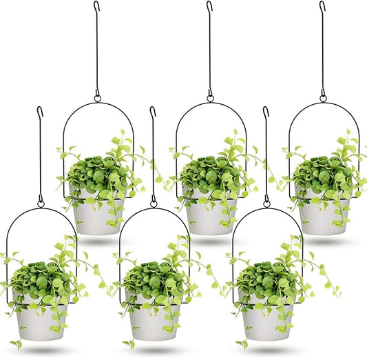 Hushee 6 Packs Metal Hanging Planters for Outdoor Indoor Plants Plant Hanger with 6.3'' Plastic Pots Hanging Planter Basket for Garden Home Porch Decor (White)
