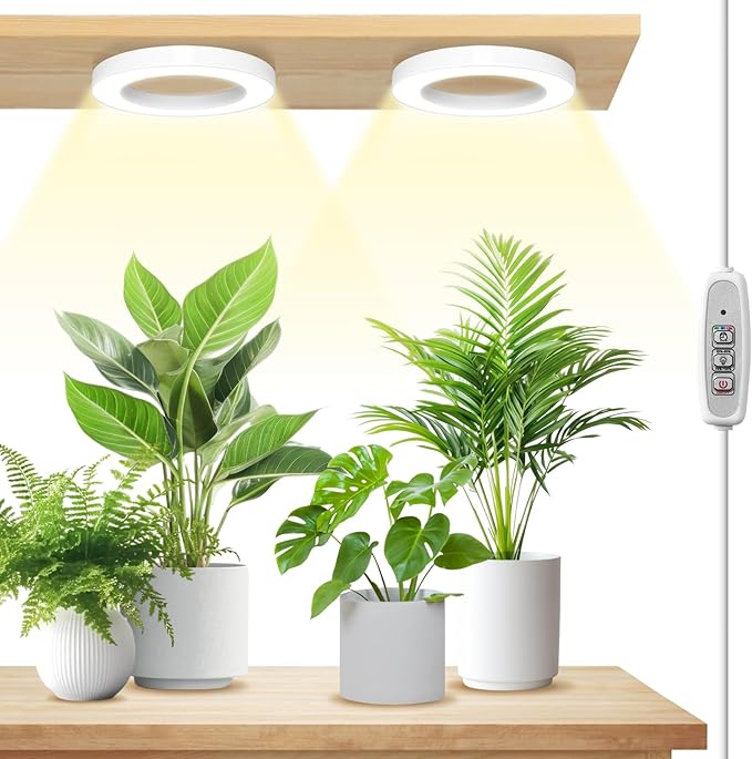 LORDEM 6.3” Ceiling Grow Light for Indoor Plants, 144 LEDs Full Spectrum Halo Grow Lamp, Under Cabinet Plant Lamp with 4/8/12H Auto Timer, 4 Dimmable Brightness Levels, Ideal for Pot Plants, Dual Head
