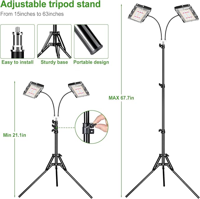 LBW Grow Light for Indoor Plants, Dual Heads Full Spectrum 200W LED, Auto On/Off Timer, 6 Dimmable Levels, 3 Switch Modes, Adjustable Tripod Stand 15-63 inches