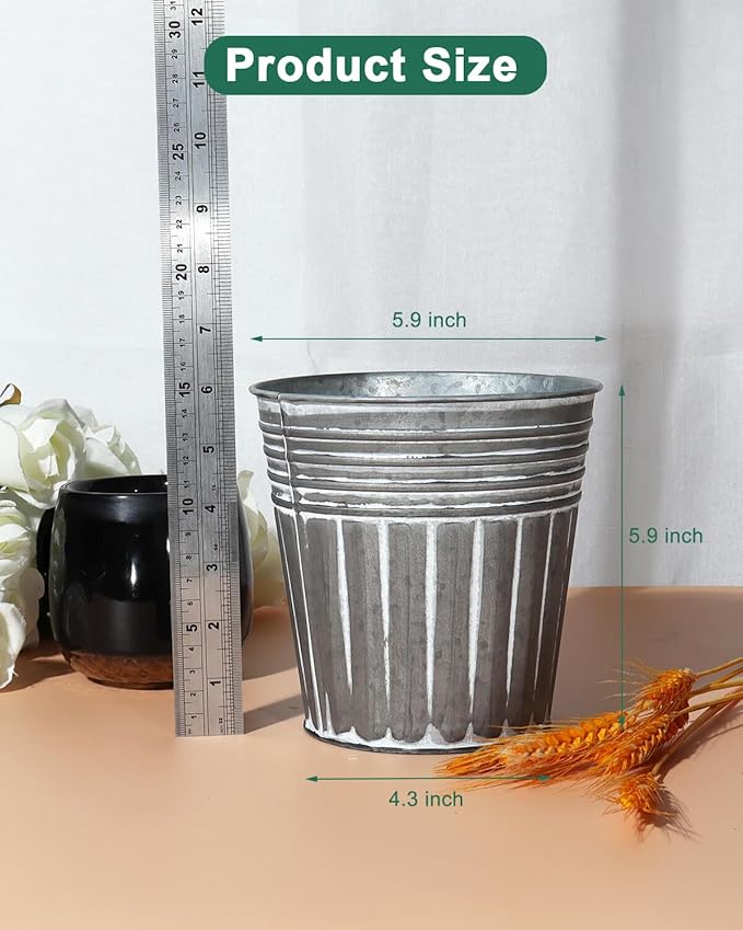 vensovo 6 Inch Silver Metal Rustic Flower Pots - 6Pcs Galvanized Planters with Drainage Hole and Rubber Plug, Rustproof Metal Bucket Plant Pots Farmhouse Vintage Style for Decor