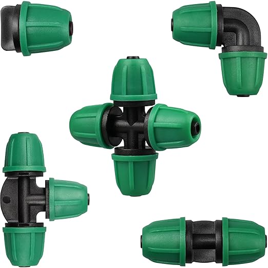 JAYEE 50 Pcs Drip Irrigation Fittings Kit for 1/4 Inch Tubing, Drip Line Parts for Drip Systems - 20 Tee, 12 Coupling, 8 Elbow, 5 Barbed 4-Way Cross, 5 End Closure - Barbed Locked Nuts Connectors
