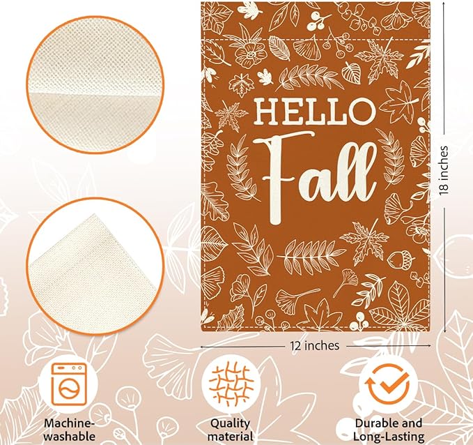 Hello Fall Garden Flag Autumn Holiday Garden Flag 12x18 inch Double Sided Fall Thanksgiving Maple Leaves Flags Decorations for Yard Outside Lawn Patio (Flay 1806)