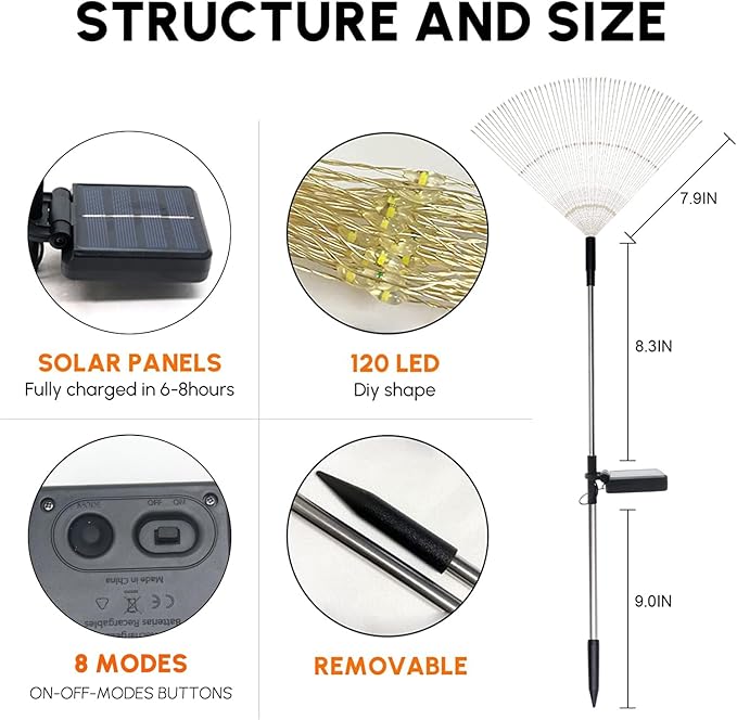 Solar Garden Lights for Outdoor Decor, Waterproof 2 Pack Solar Powered Firework Stake 120 LED Sparklers String Lights for Yard Pathway (Colorful)