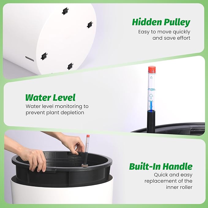 Tall Round Planter Set of 2, 19.5‘’ H x 19.9" Dia Large Planters for Indoor Plants with Built-in Drainage and a Water Level Monitor and Wheels for Patio, Porch, Living Room, or Home Office, White