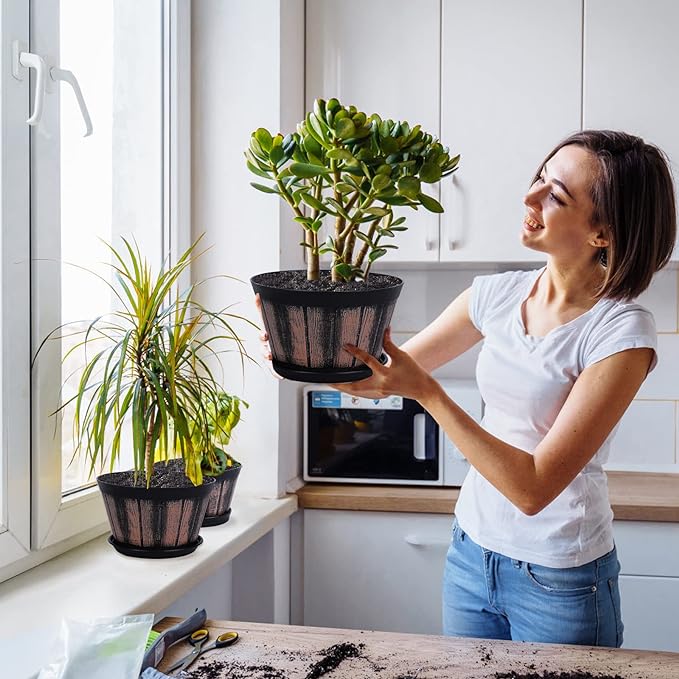 Quarut 8 inch Brown Plastic Whiskey Barrel Plant Pots Set of 4 with Drainage Holes and Saucer for Indoor and Outdoor Garden Home Plants