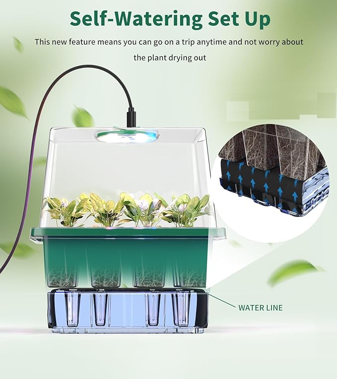 Seed Starter Tray, 60-Cells Seedling Starter Trays with Grow Light, Self-Watering Seed Germination Kit for Indoor Gardening Seed Starting (5 Pack, Green Base)