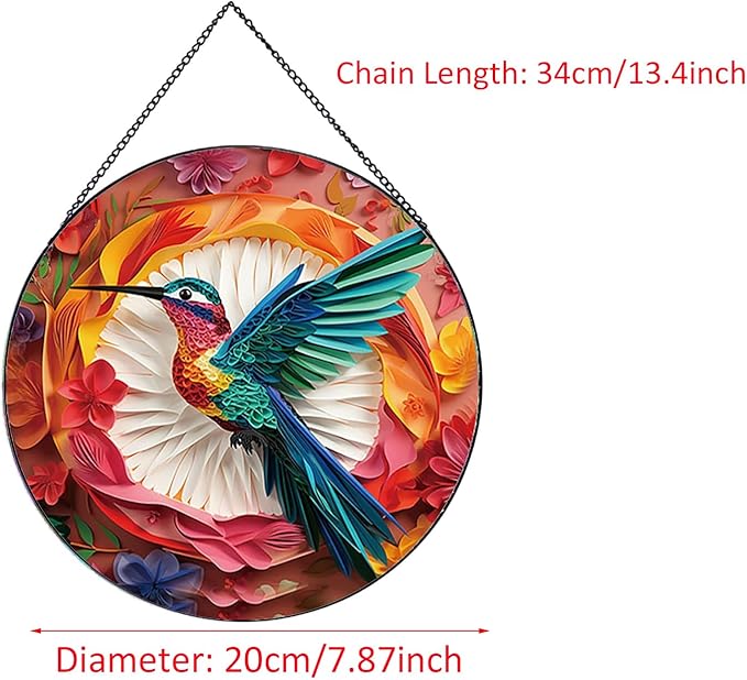 Colored Hummingbirds Pattern Suncatcher Stained Glass,Hanging Stained Glass for Windows,20cm/7.87inch Suncatcher Garden Hangings Painted Glass Panel Decor Halloween Christmas Themed Gift