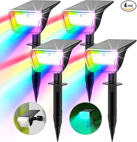 Linkind Solar Spot Lights Outdoor, Color Changing Solar Lights with 10 Lighting Modes and Waterproof IP67, Ideal for Yard, Garden Decoration (4 Pack, Multicolor)