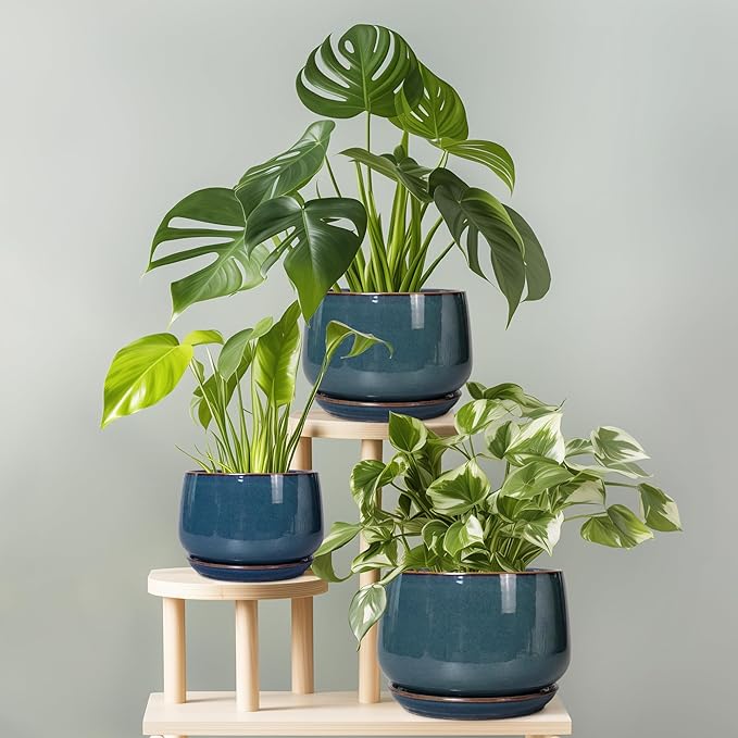 G EPGardening Ceramic Plant Pots - 9 Inch Round Modern Planter Indoor with Drainage and Tray for Indoor Outdoor Flower, Office Decor, Gardening Gifts, Retro Blue