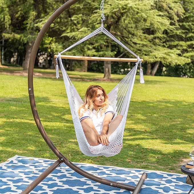 Lazy Daze Hammocks Hanging Chair Caribbean Swing Chair Hammock Chair w/Soft-Spun Cotton Rope, 40" Hardwood Spreader Bar Wide Seat, Max 300 Pounds, for Indoor Outdoor Garden Yard, White