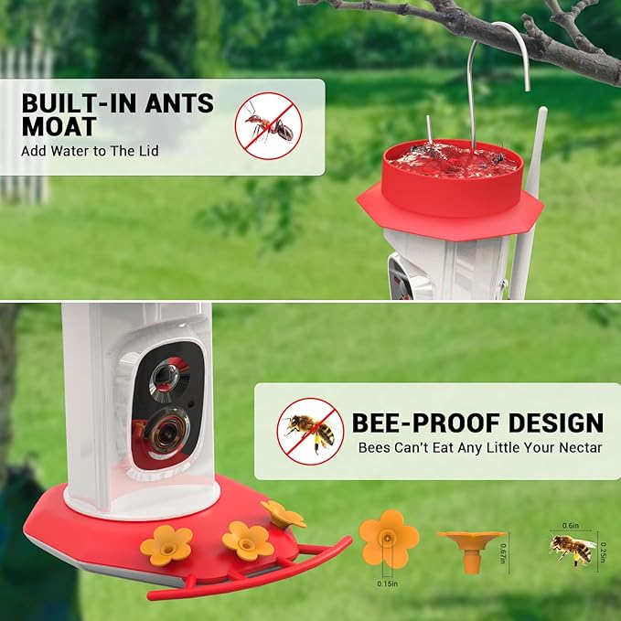 Hummingbird Feeder with Camera, AI Smart Identification Cloud Storage Function, Featuring Ant Moat Protection, Solar Power, Instant Notification, Automatic Bird Video Capture, and Motion Detection