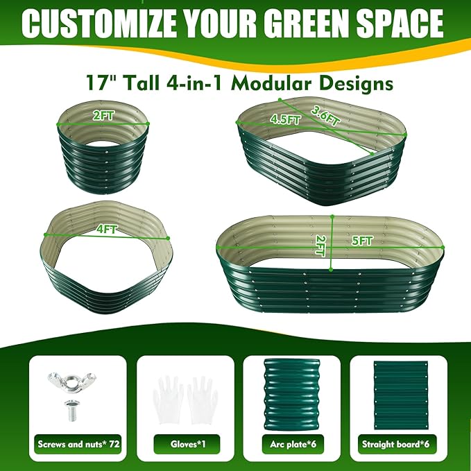 17" Tall Elevated Oval Metal Raised Garden Bed - 5ft x 2ft in Size and 0.8MM Thick Durable Planter Bed/Box for Vegetables Flowers Succulent at Patio/Garden Outdoor (Dark Green, 5X2X1.4 FT)