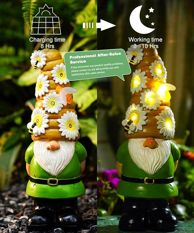 Solar Gnome Garden Statue for Decor: Outdoor Figurines Sculpture with Lights and Bee for Lawn Patio Yard Balcony - Gifts for Mom Women