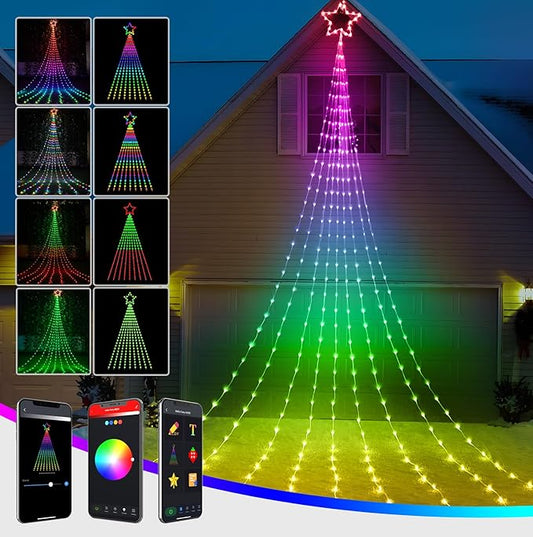 Christmas Decoration Smart Outdoor Star String Lights, 11.8Ft Christmas Tree Toppers Lights App Programmable, 344 LED 48 Modes Waterfall Lights with 12" Lighted Star for Xmas New Year Holiday Decor