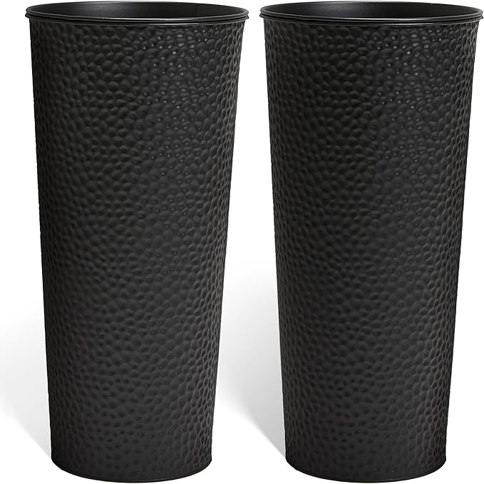 KOL 28" H. Tall Metal Cone Planters with Inside Pots 2-Pack, Black Hand-Hammered Large Decor Planter for Deck, Patio, Porch - Handcrafted Flower Pot - with Water Level Indicator - Indoor Outdoor Use