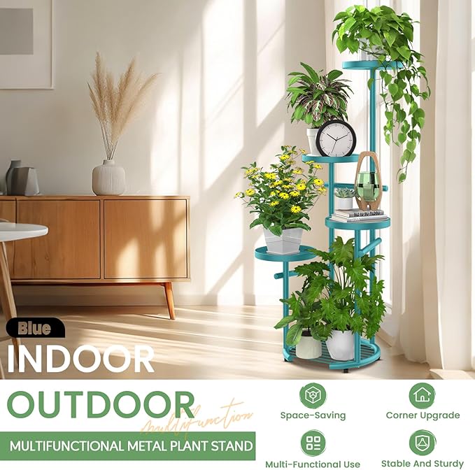 TOSKING 5 Tier Metal Plant Stand Indoor， Plant Shelf, Corner Shelf Flower Pot Stand for Outdoor Plant Stand for Living Room Balcony Garden Patio Bedroom (Blue, 38in)