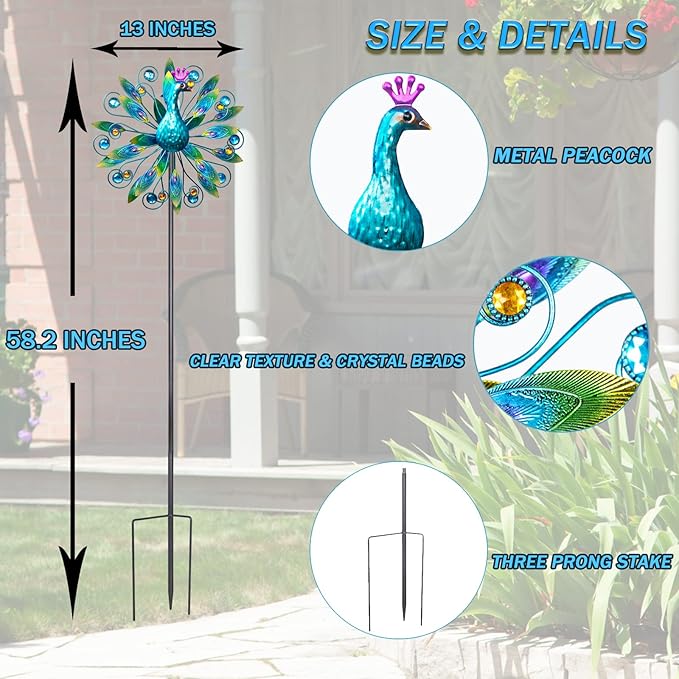 Outdoor Wind Spinner 58" Metal Peacock Wind Spinner Double Peacock Wind Sculpture for Garden Yard Patio Decoration