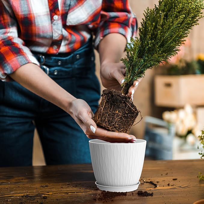 6 inch Plant pots, 12 Pack Modern Plastic Planters with Drainage Holes and Saucers for Repotting Indoor Plants and Flowers, White