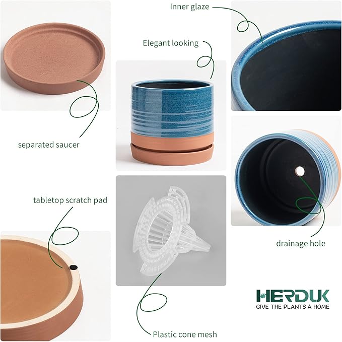 6 Inch Plant Pots, Ceramic Planter Pot with Drainage Hole & Saucer, Indoor/Outdoor Cylinder Round Planter Pot, Aqua Blue & Terracotta Red