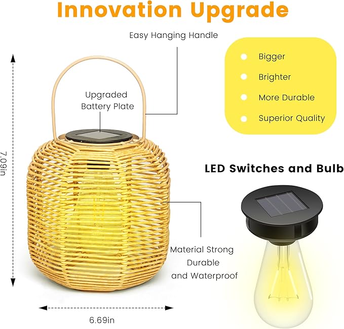 HPC Decor 2 PK Solar Lanterns-Outdoor Solar Lanterns Waterproof, Rattan Solar Lights, Hanging Solar Lanterns Outdoor,Solar Lamp Lights,Decoration Lights for Garden,Patio,Porch,Trees,Pathway,Outside.