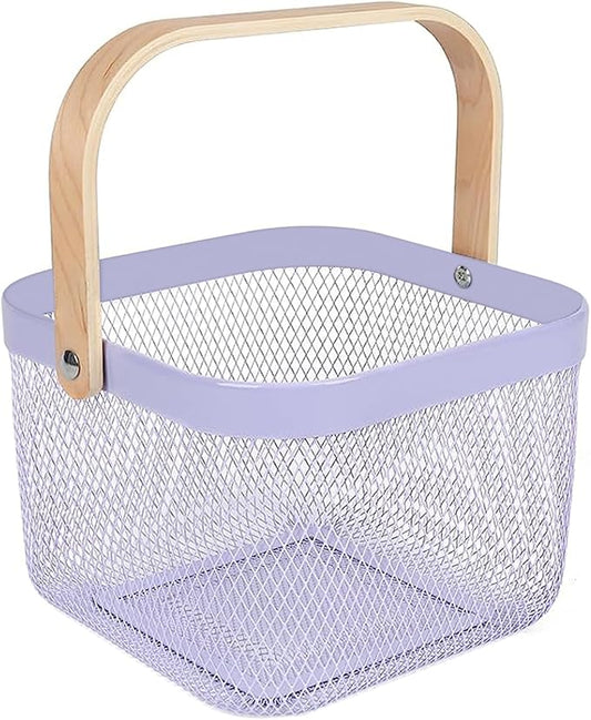 Metal Mesh Steel Basket, Storage Organizer Basket Multi-functional Hanging Kitchen Baskets Fruit Basket Bin with Bamboo Handle for Kitchen Bathroom Picnic Shopping Decor Cabinet Home, Purple