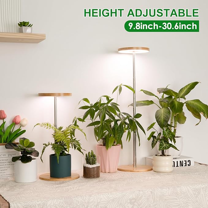LORDEM Bamboo Grow Light, LED Plant Light for Indoor Plants Growing, Full Spectrum Bamboo Desk Growth Lamp with Automatic Timer for 4H/8H/12H, 4 Dimmable Levels, Height Adjustable, Pack of 2