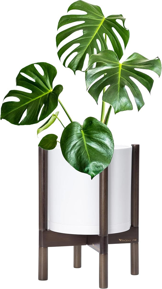 D'vine Dev Planter Pot with Stand - 10 Inch Plastic Cylinder Flower Pot with Wood Planter Holder for Indoor, Matte White Pot + Walnut Color Stand, 55-C-L-1