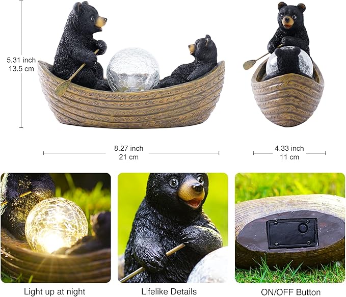 Goodeco Solar Bears Boating Statue - Waterproof Outdoor Bear Decor with Solar Gazing Ball Lights - Great Gift for Bear Lovers and Garden Enthusiasts - Ideal Gifts for Mom & Birthdays