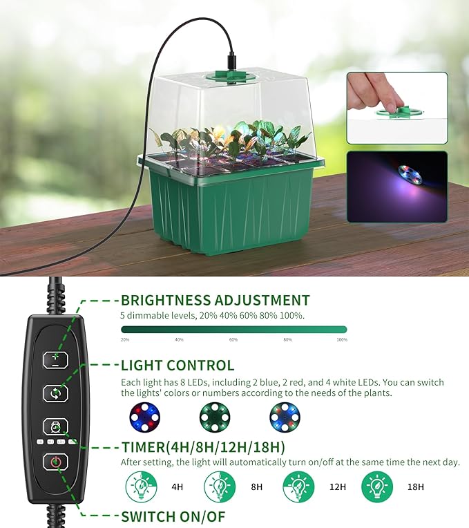 Seed Starter Tray, 60-Cells Seedling Starter Trays with Grow Light, Self-Watering Seed Germination Kit for Indoor Gardening Seed Starting (5 Pack, Green Base)