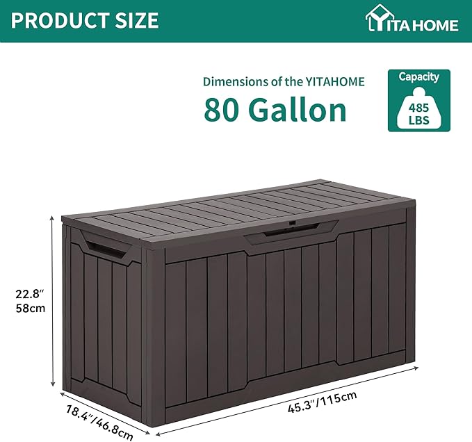 YITAHOME 80 Gallon Outdoor Storage Box, Large Water Resistant Resin Deck Box, Indoor Outdoor Lockable Storage Container for Patio, Garden, Cushions, Tools, Equipment (Dark Brown)
