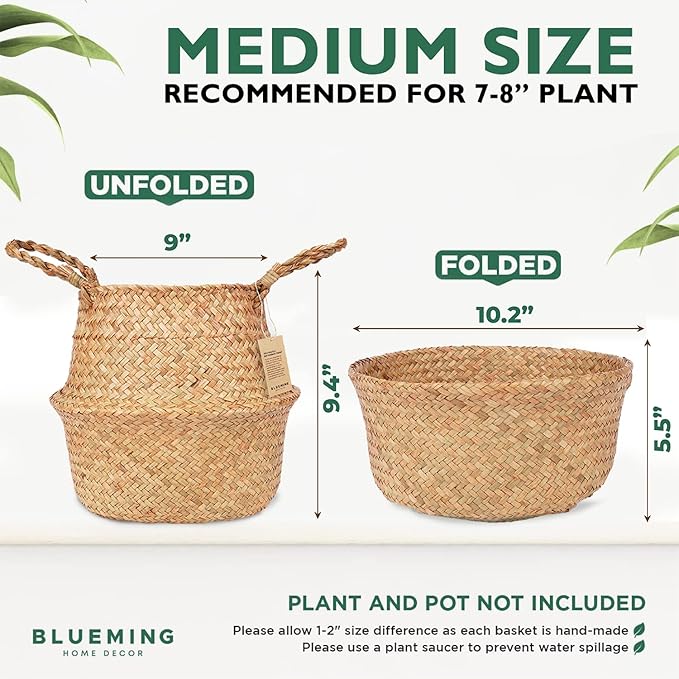 Tree Basket – Wicker Seagrass Planter for Tall Indoor Fake Olive House Plants, Decorative Rattan Baskets for 7-8 Inch Small Plant Pots (Original, Medium)