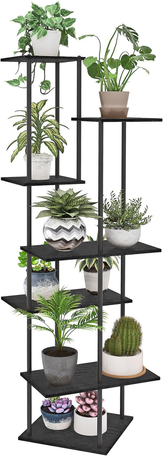Plant Stand Indoor 7-Tier Metal Wood Plant Shelf for Multiple Flower Pots Corner Tall Flower Holders for Living Room Balcony Bedroom, Black