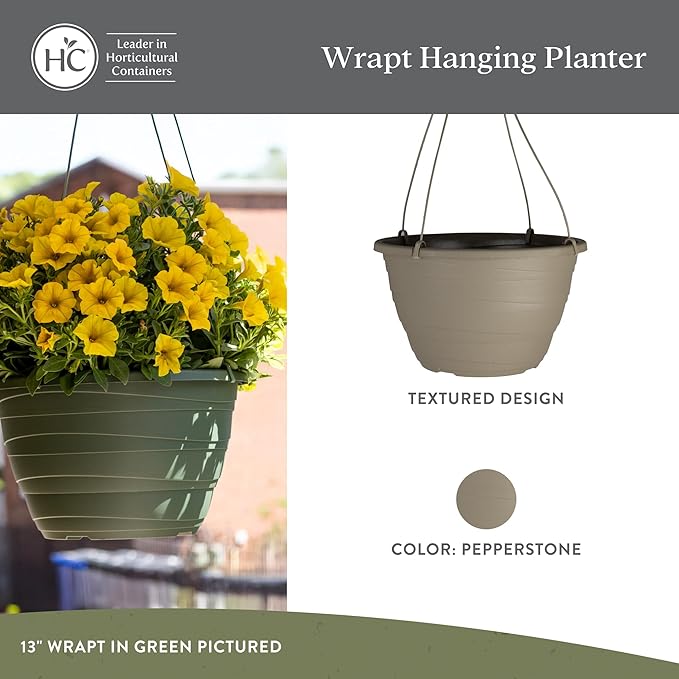 The HC Companies Wrapt Hanging Planters - Lightweight Plant Pot Hanger for Hanging Plants, Vegetables & Herbs - Outdoor & Indoor Hanging Basket for Plants (11" Pepperstone, Pack of 2)