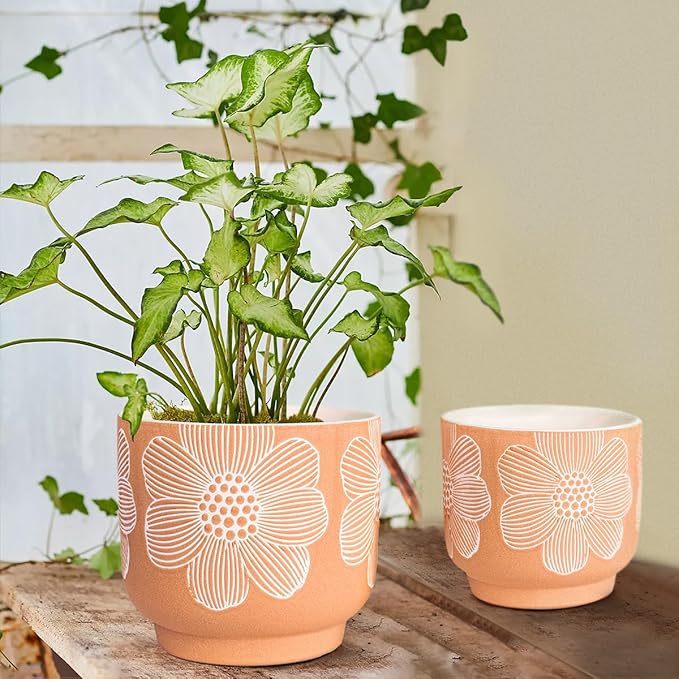 YBX 8 Inch + 6 Inch White Flower Pattern Plant Pots, Sand Glazed Ceramic Planter with Drainage Hole, Flower Pots for Indoor Plants, Orange