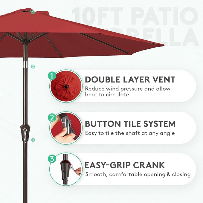 JEAREY 10FT Outdoor Patio Umbrella Outdoor Table Umbrella with Push Button Tilt and Crank, Market Umbrella 8 Sturdy Ribs UV Protection Waterproof for Pool, Garden (Light Red)