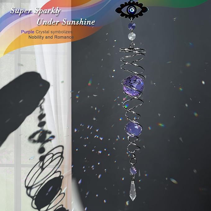 FONMY Evil Eye Gazing Ball Spiral Tail Wind Spinner Sun Catcher Rainbow Maker Silver Spiral W/Purple K9 Crystal Ball Christmas GifTree Hanging Ornament Indoor Outdoor Garden Decor. 19.5inch H