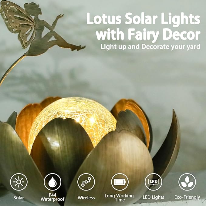 MUMTOP Solar Lights Fairy Garden Decor, Waterproof Metal Solar Lanterns Outdoor Crackle Globe Glass Lotus Flower Table Lamp for for Patio Pathway Yard Balcony Garden Decorations