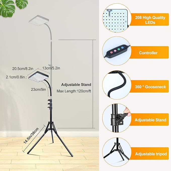Grow Lights for Indoor Plants Full Spectrum, FECiDA Tripod Stand Grow Light, 4/8/12 Hr Timer Grow Light with Stand, 208PCS LEDs, 2000 Lumen, Bright Enough, 24"-64" Height Adjustable