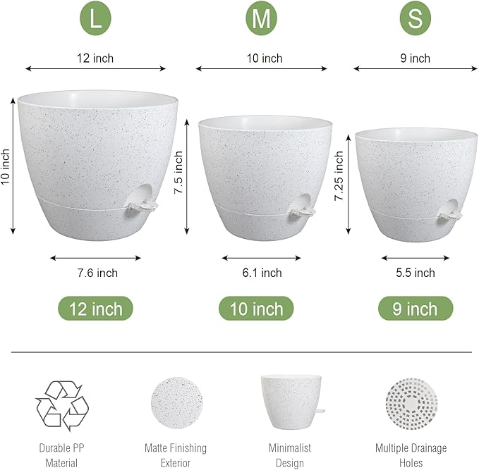 Large Self Watering Pots, 12/10/9 Plastic Planters with High Drainage Holes and Deep Reservoir for Indoor Outdoor Garden Plants and Flowers, White Speckles
