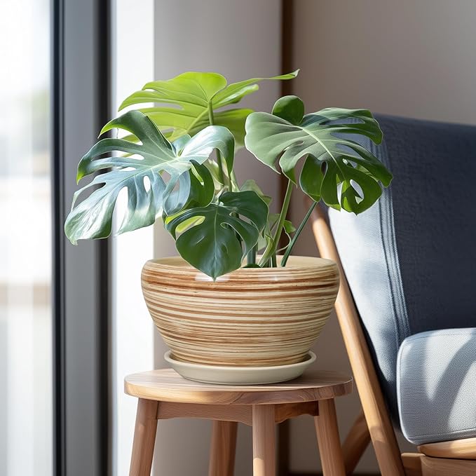 Ceramic Pot for Plants 11 Inch - Planter for Outdoor Plants Indoor Plant Pot with Drainage Hole and Saucer Large Planter Round Flower Pot for House Patio Garden Yellow