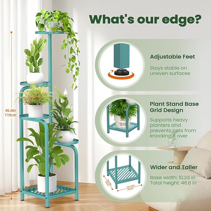 TOSKING 5 Tier Tall Plant Stand Indoor Outdoor, Heavy Duty Corner Shelf for Plants & Decor, Space Saving 3.9FT Metal Flower Pot Stand for Balcony, Garden, Living Room, Patio (Blue, 47in)