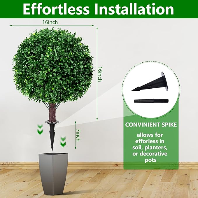 Artificial Boxwood Topiary Ball Tree Set of 2, UV Resistant Artificial Outdoor Shrubs with Spike, Decorative Evergreen Fake Topiary Bushes Plant for Front Porch Garden