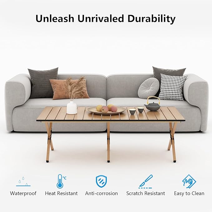 Folding Camping Table, 48Inch Lightweight Roll-Up Table Aluminum Low Portable Picnic Table with Carrying Bag for Outdoor, Beach, Picnic, Backyards, BBQ and Party Log Color