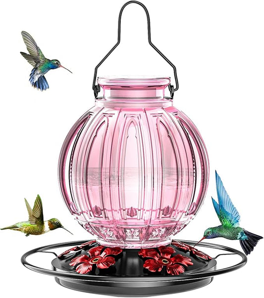 Glass Hummingbird Feeder for Outdoors Hanging, Bird Nectar Feeder with Perch & 5 Flower Feeding Ports, 26 Oz Leak Proof for Outside Garden Decor Backyard, Gifts for Women Mom, Pink